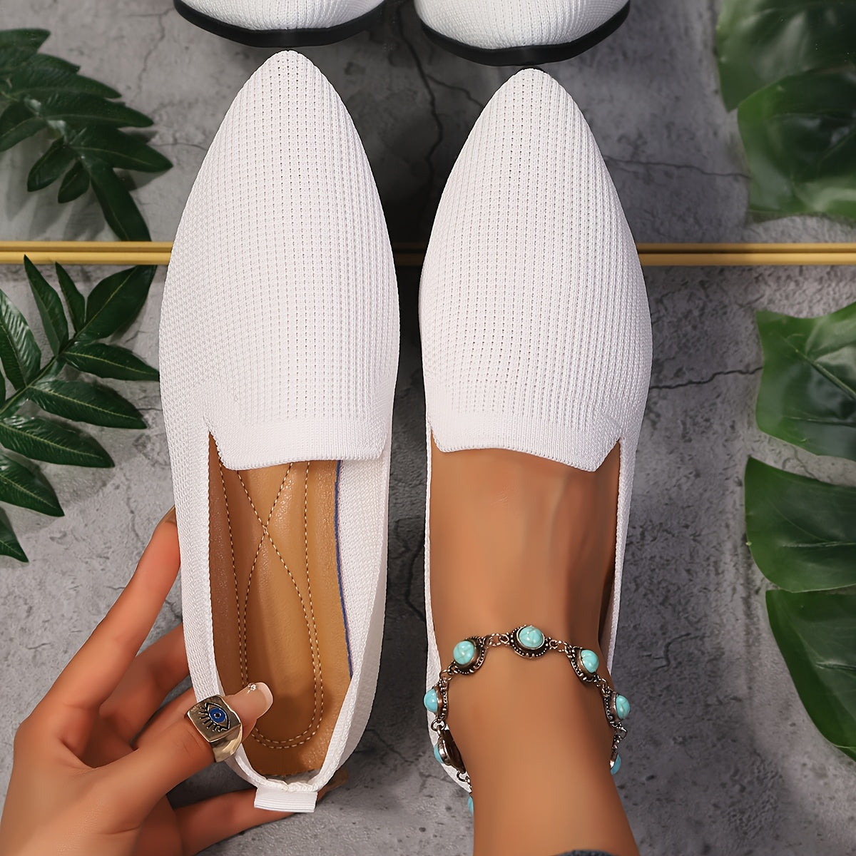 Women’s Slip-On Knit Pointed Toe Shoes Breathable Fabric All-Season Comfort