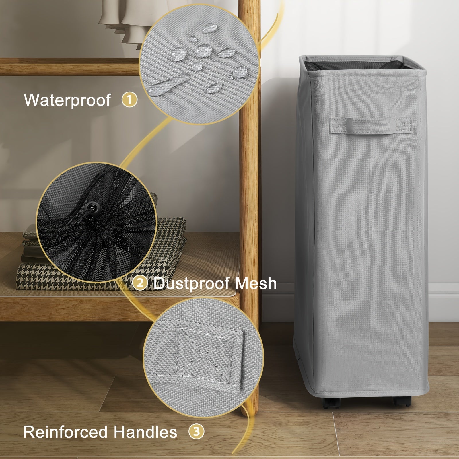 G'ildirakli kir yuvish savati - 45L sig'im, oson saqlash va ko'chirish uchun ingichka dizayn - hammom, yotoqxona va yotoqni tartibga solish uchun ideal - egiluvchan va yengil - iflos kiyimlarni saqlash uchun mukammal