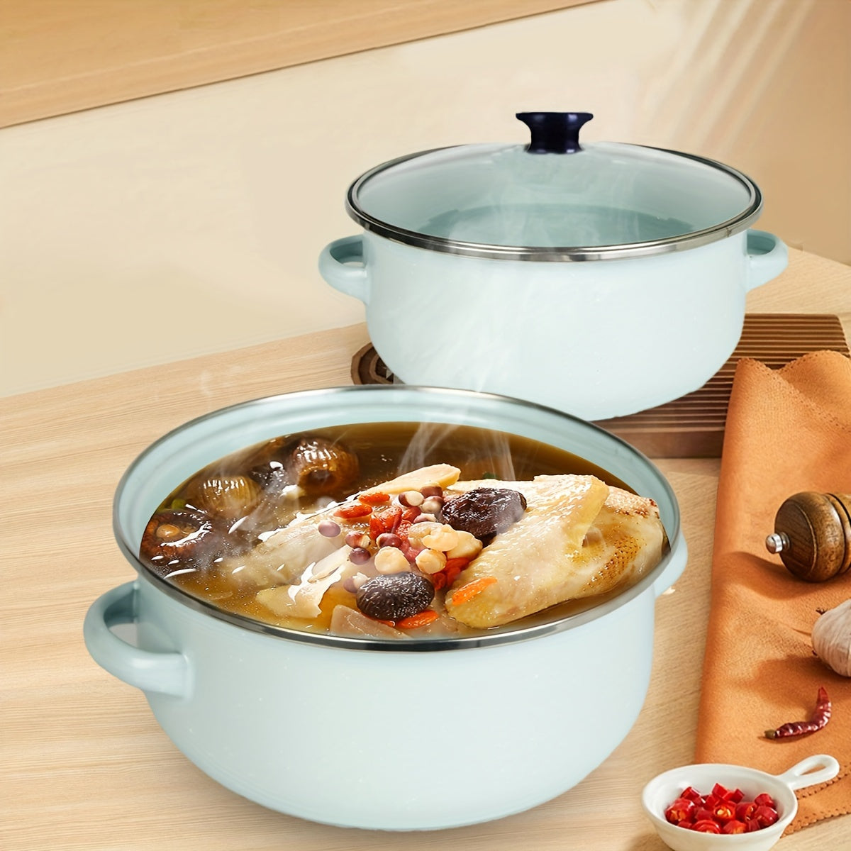 Enamel Cookware Set 3 Pieces with Lids Lightweight Portable for Cooking and Stewing