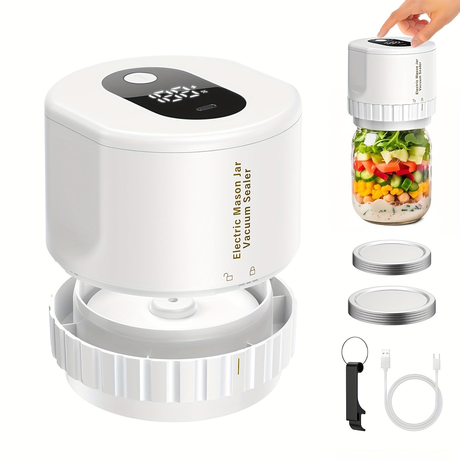 Kit de sellador al vacío para tarros Mason de 10 piezas con batería recargable por USB para almacenamiento de alimentos