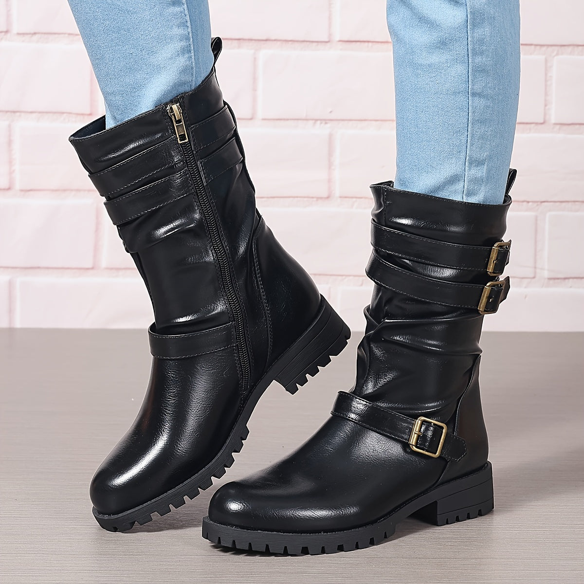 Women's Solid Color Chunky Heel Boots with Side Zipper Mid Calf Boots