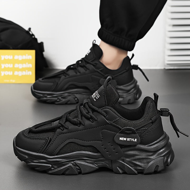 Men's Solid Color Chunky Sneakers Low Top Non-Slip Lace-Up Thick Sole Casual Running Hiking Shoes