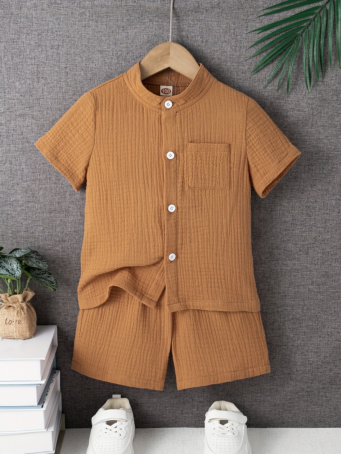 Kids Boys Summer Outfit Two-Piece Solid Cotton Top and Shorts Casual Clothing for Outdoor Activities