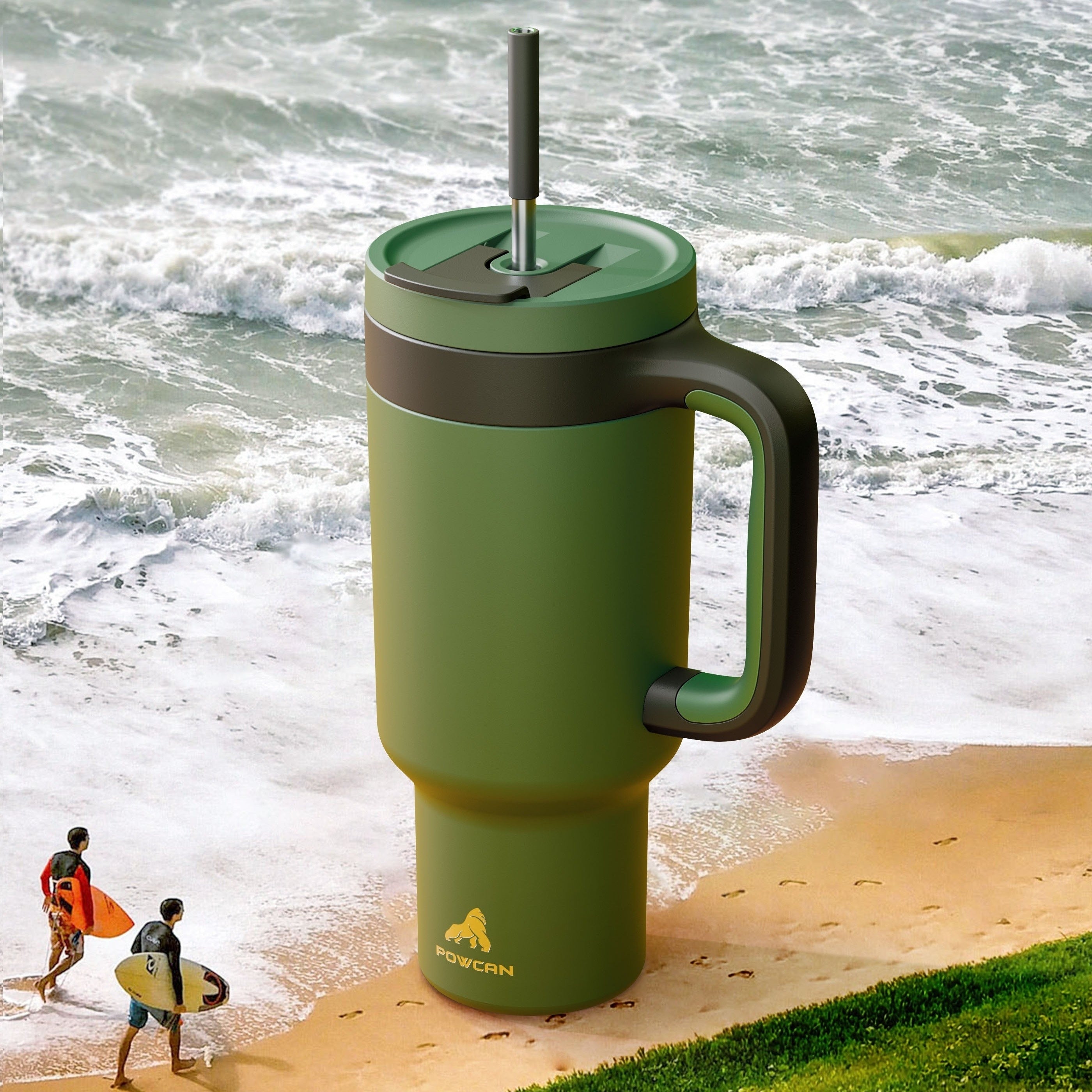 Vaso aislado de acero inoxidable de 40 oz con tapa y pajilla. Mantiene las bebidas frías por 34 horas y calientes por 10 horas. Ideal para exteriores.