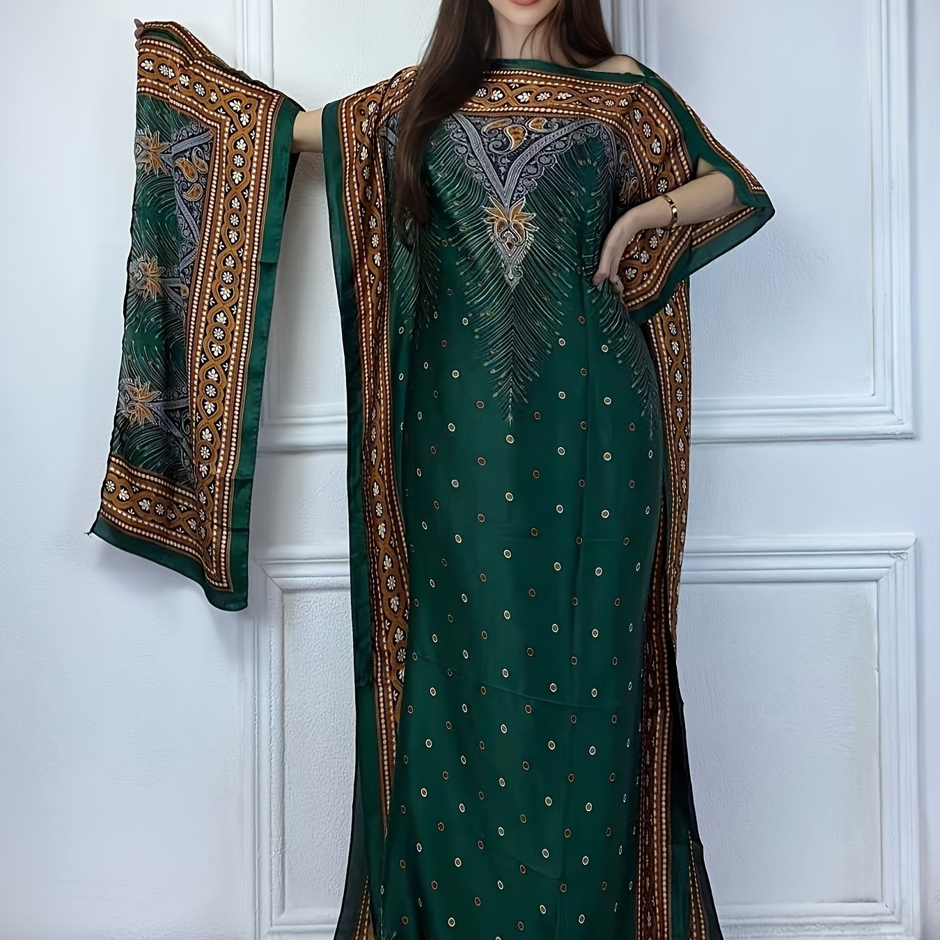 Women's Floral Print Abaya Maxi Dress Boat Neck Batwing Sleeves Red Black Gold