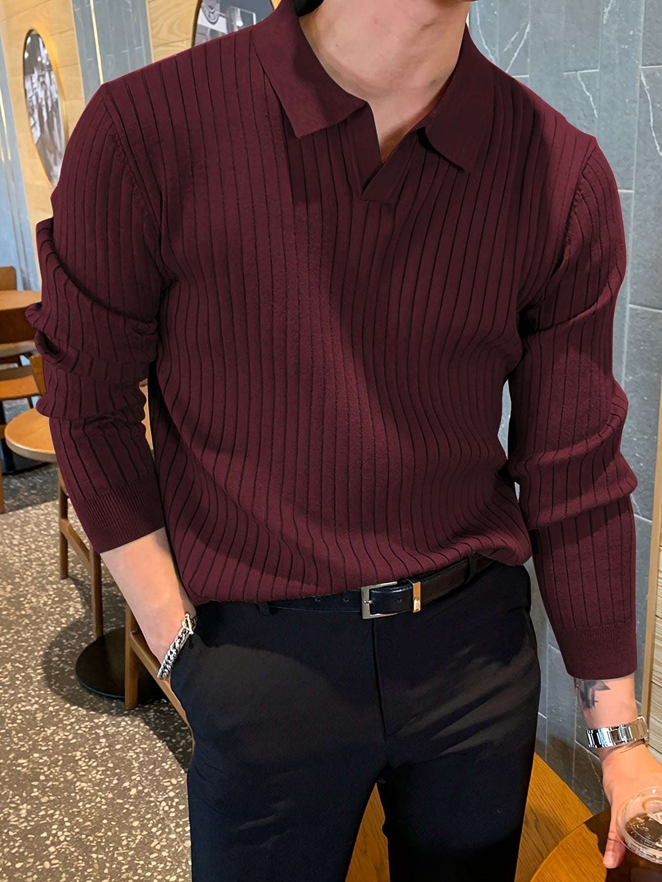 Men's V-Neck Sweater for Autumn and Winter Knit Fabric Solid Color Casual