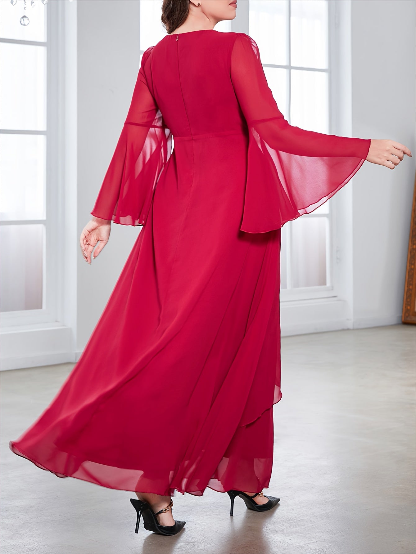 Plus Size Maxi Dress V-Neck High Slit Flared Sleeves Polyester