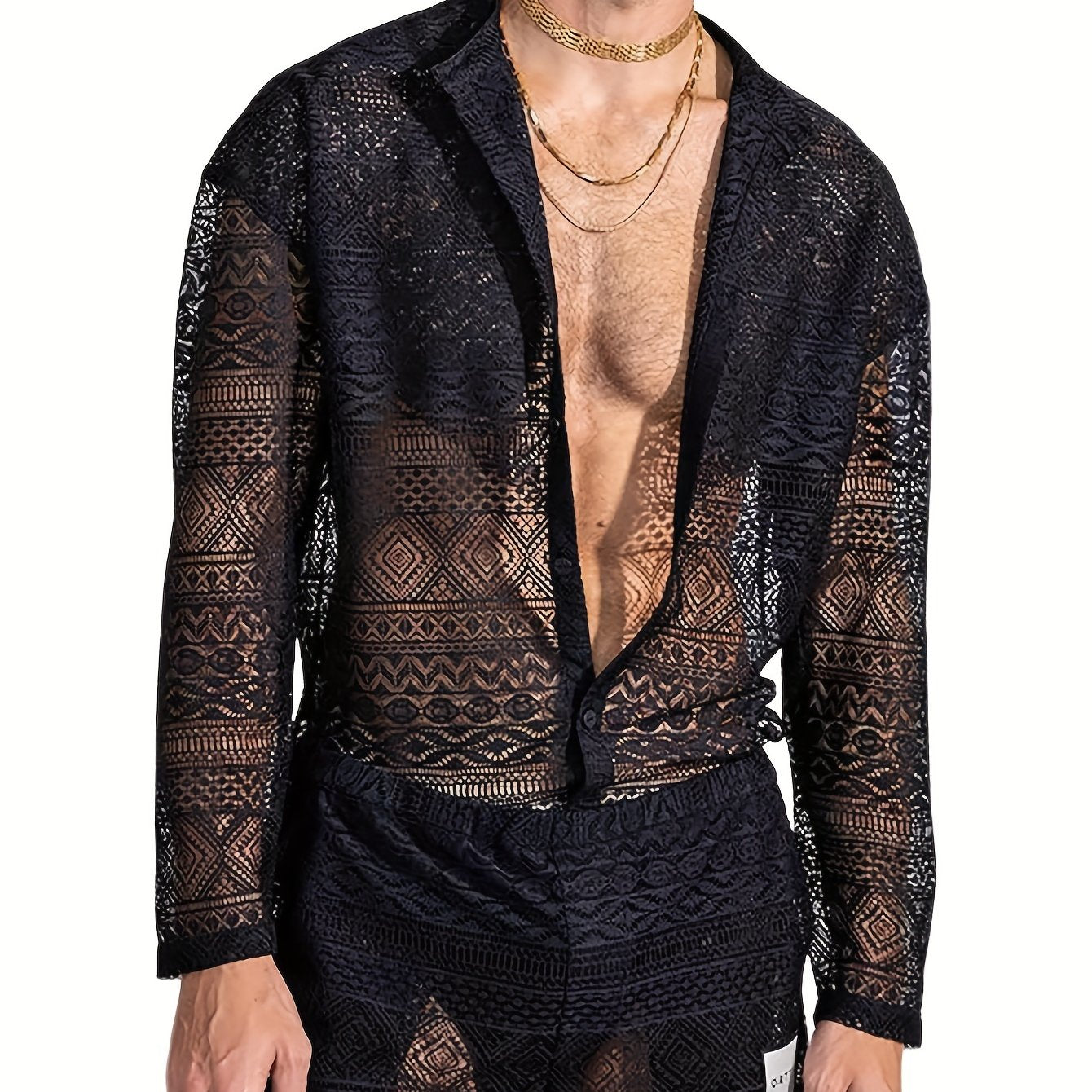 Men's Sheer Lace Shirt and Shorts Set for Beach and Nightclub Summer Wear