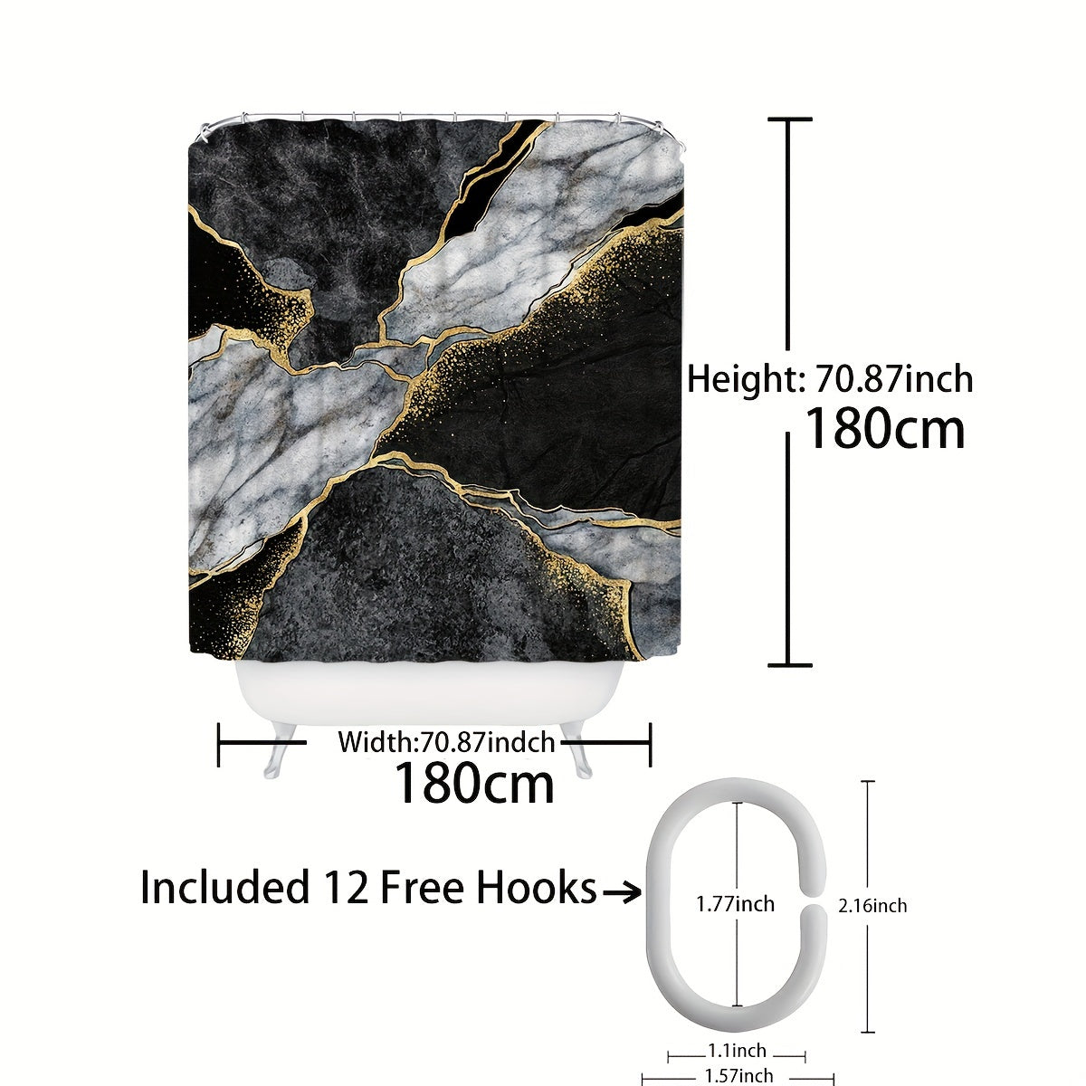 Marble Texture Shower Curtain Set with Black White Gold Crack Pattern Includes Hooks Bathroom Accessories