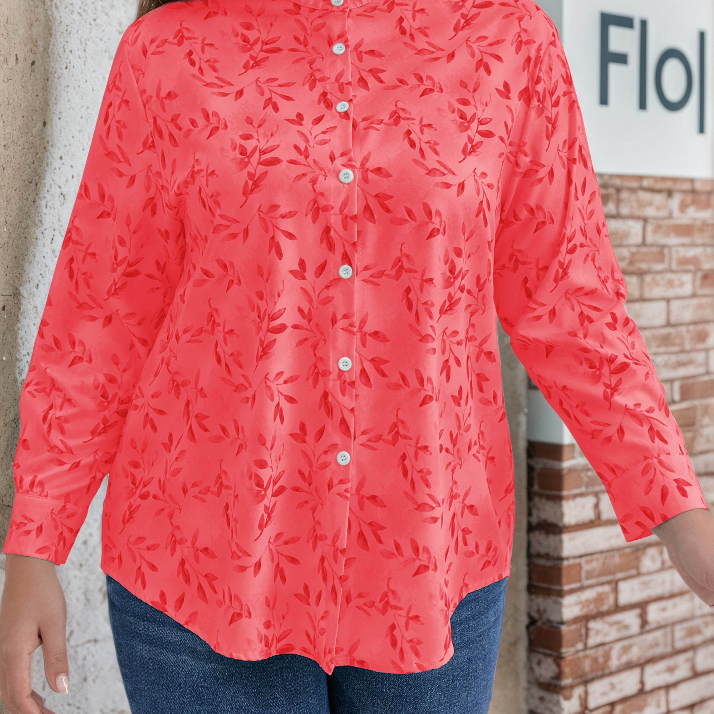 Plus o'lchamli ayollar bluzasi uzun qo'lqopli yengli polyester to'qima binafsha yashil barg bosma