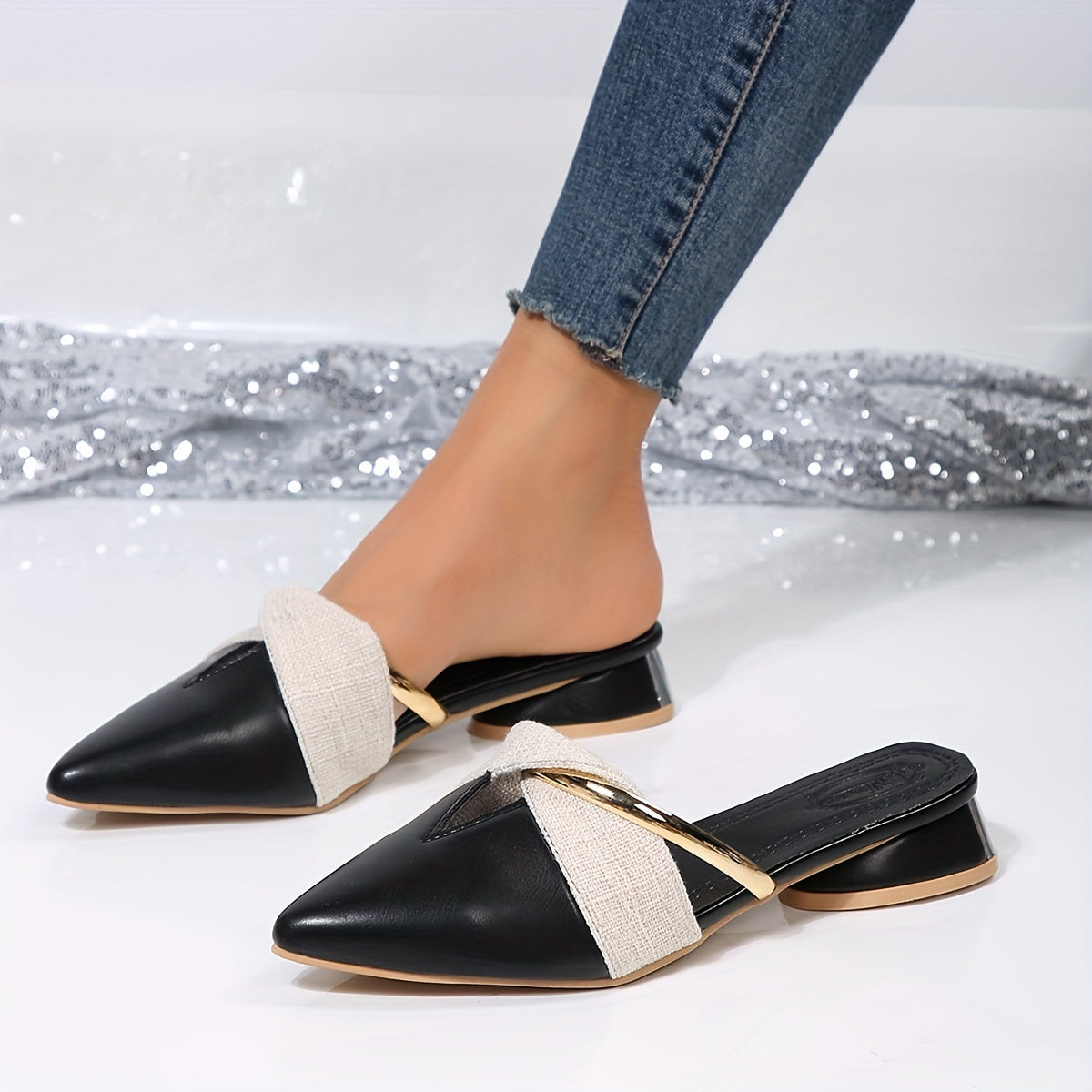 Women's V Cut Out Slip-On Block Heel Sandals with Pointed Toe