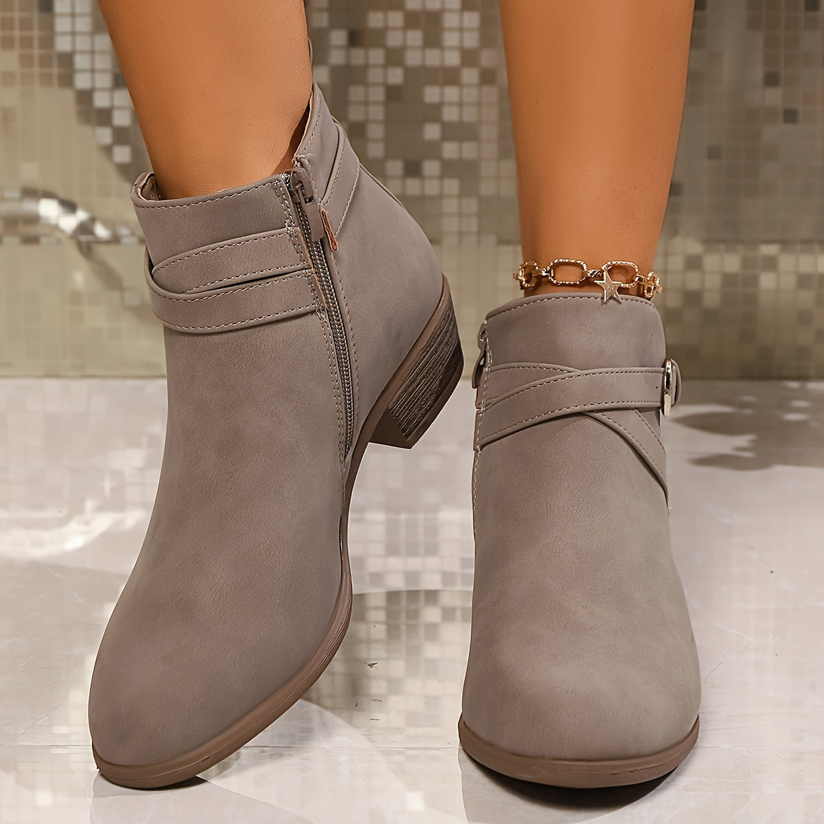 Women's Gray Ankle Boots with Buckle Straps Pointed Toe Chunky Heel