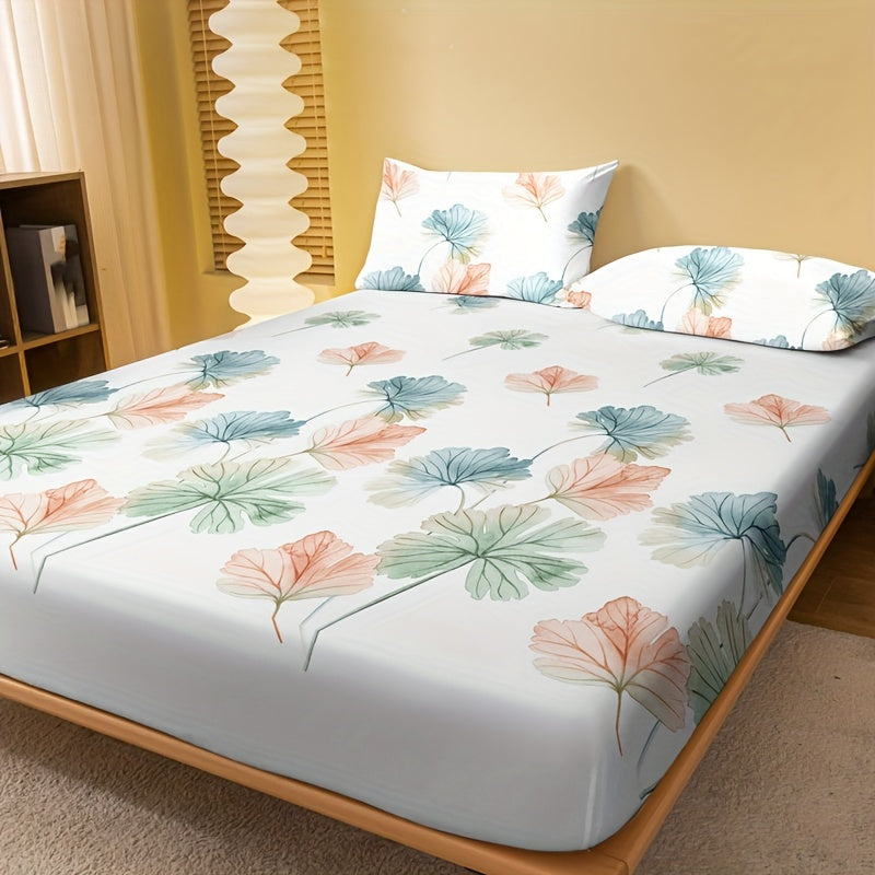 Leaf Print Fitted Sheet Deep Pocket Brushed Cotton Bed Sheet for Bedroom or Guest Room