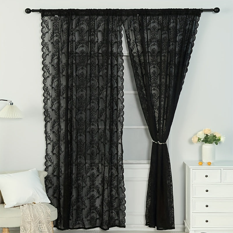 Black Lace Curtain for Bedroom Living Room Kitchen Office with Rod Pocket