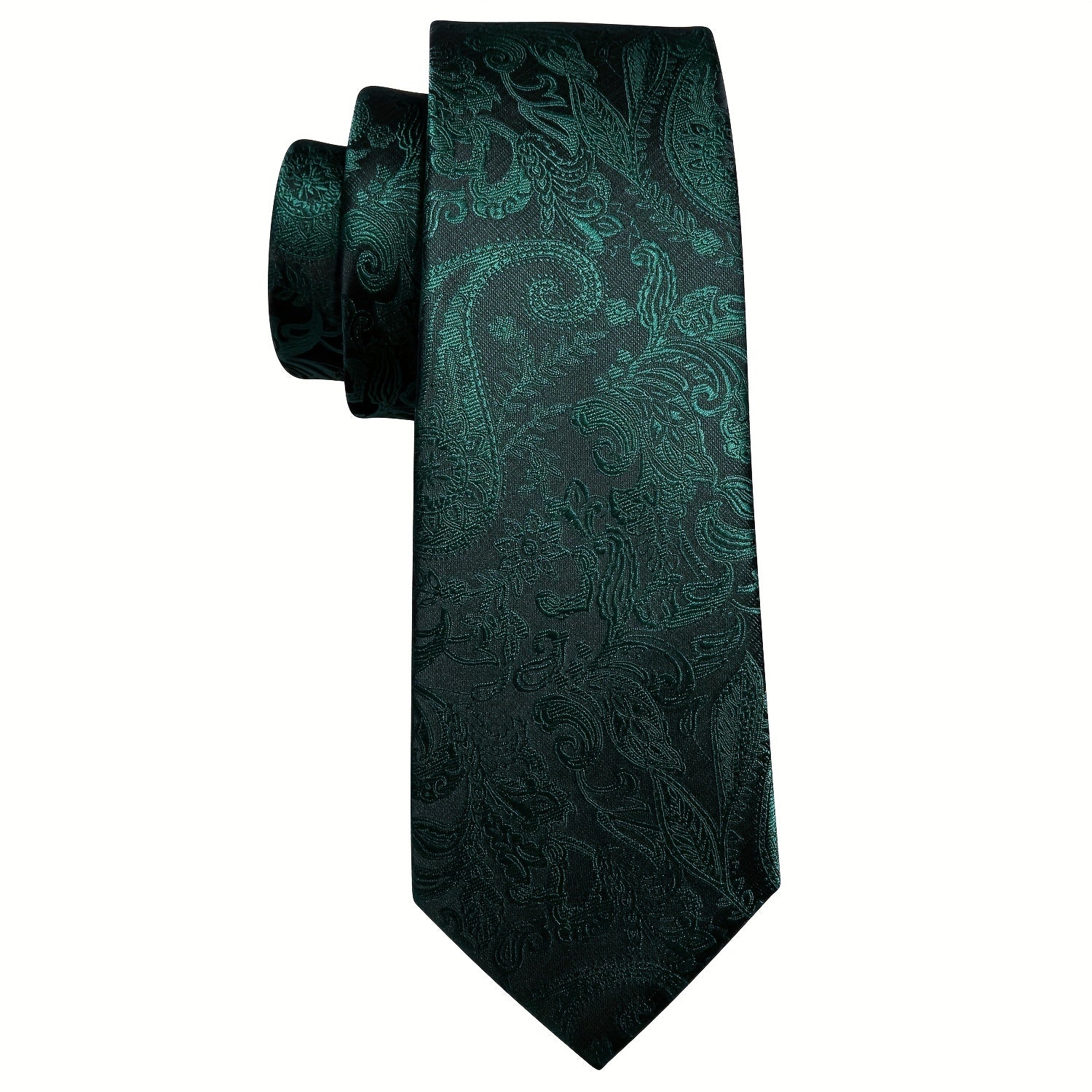 Men's Green Paisley Jacquard Tie Set with Pocket Square and Cufflinks for Weddings and Parties