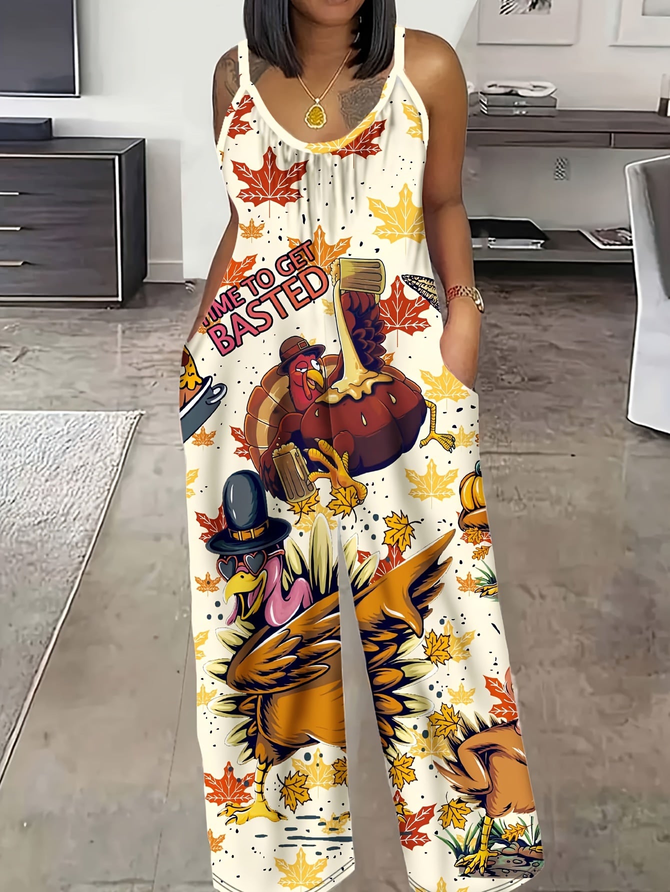 Plus Size Women Cartoon Turkey Print Jumpsuit Polyester Sleeveless Overalls