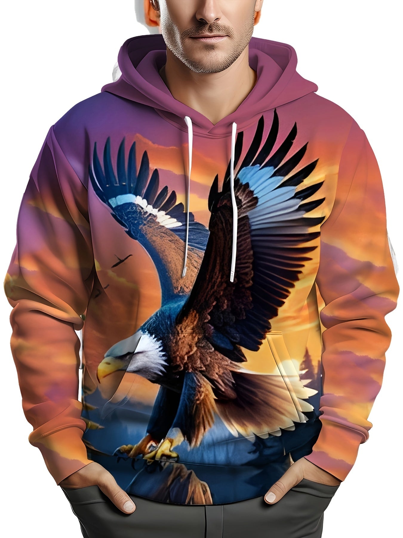 Plus Size Men's Eagle Graphic Print Hoodie with Kangaroo Pocket Casual Outerwear