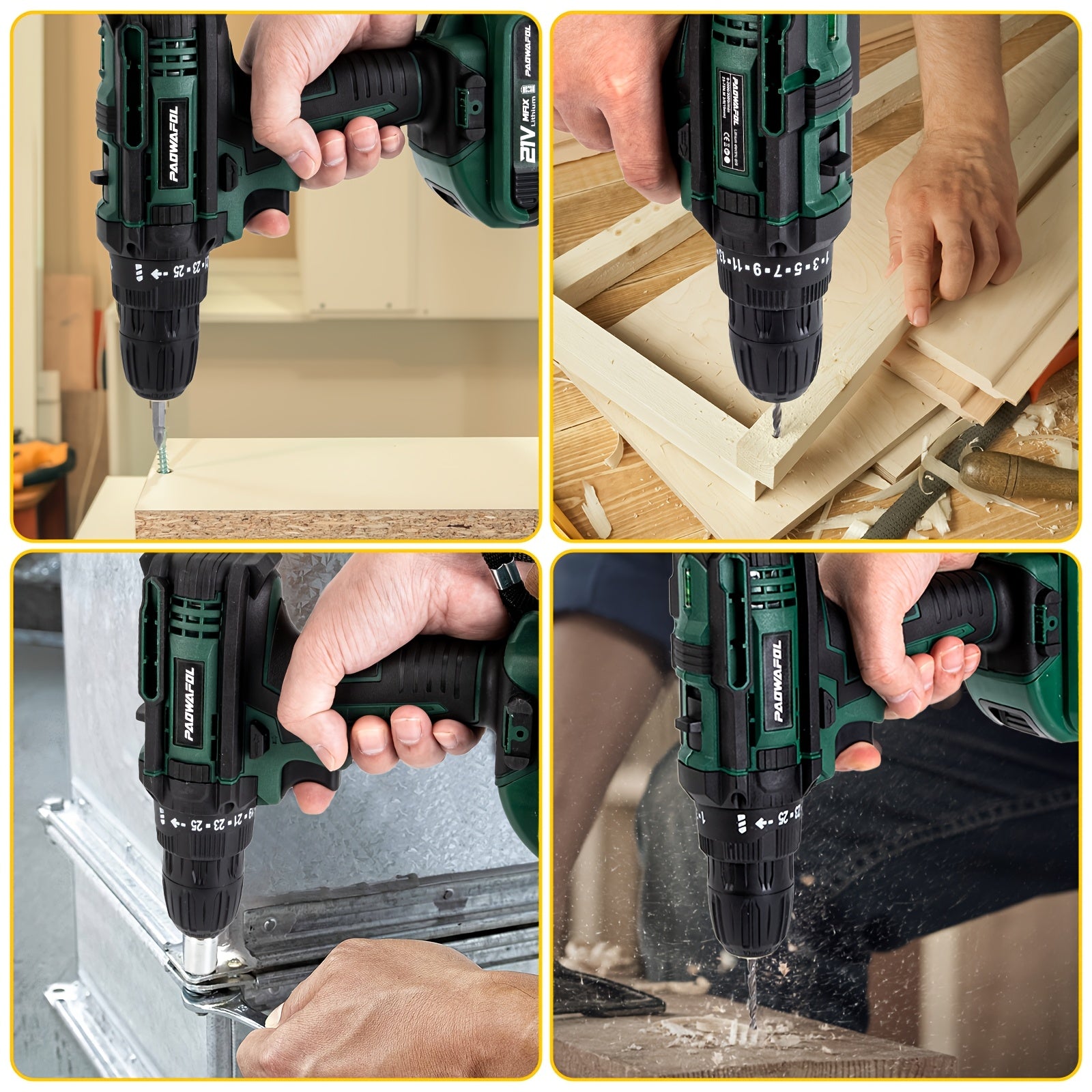 21V Cordless Drill with Rechargeable Lithium-Ion Battery 2-Speed 25+1 Torque LED Light for DIY Home Garden