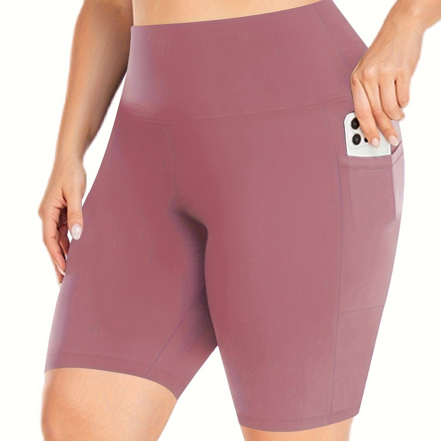 Plus Size High-Waisted Yoga Shorts Olive Green Stretchy Nylon Pockets