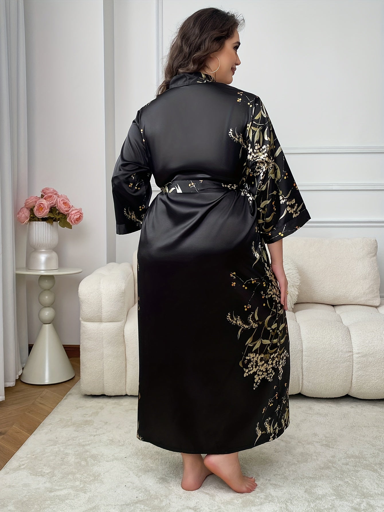 Plus Size Women's Satin Kimono Robe Floral Black and Gold V-Neck Long Sleeve Belt Fall Winter