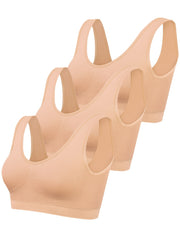 Women's Seamless Sports Bras 3-Pack Black White Beige Ribbed Nylon Tank Top Style No Padding