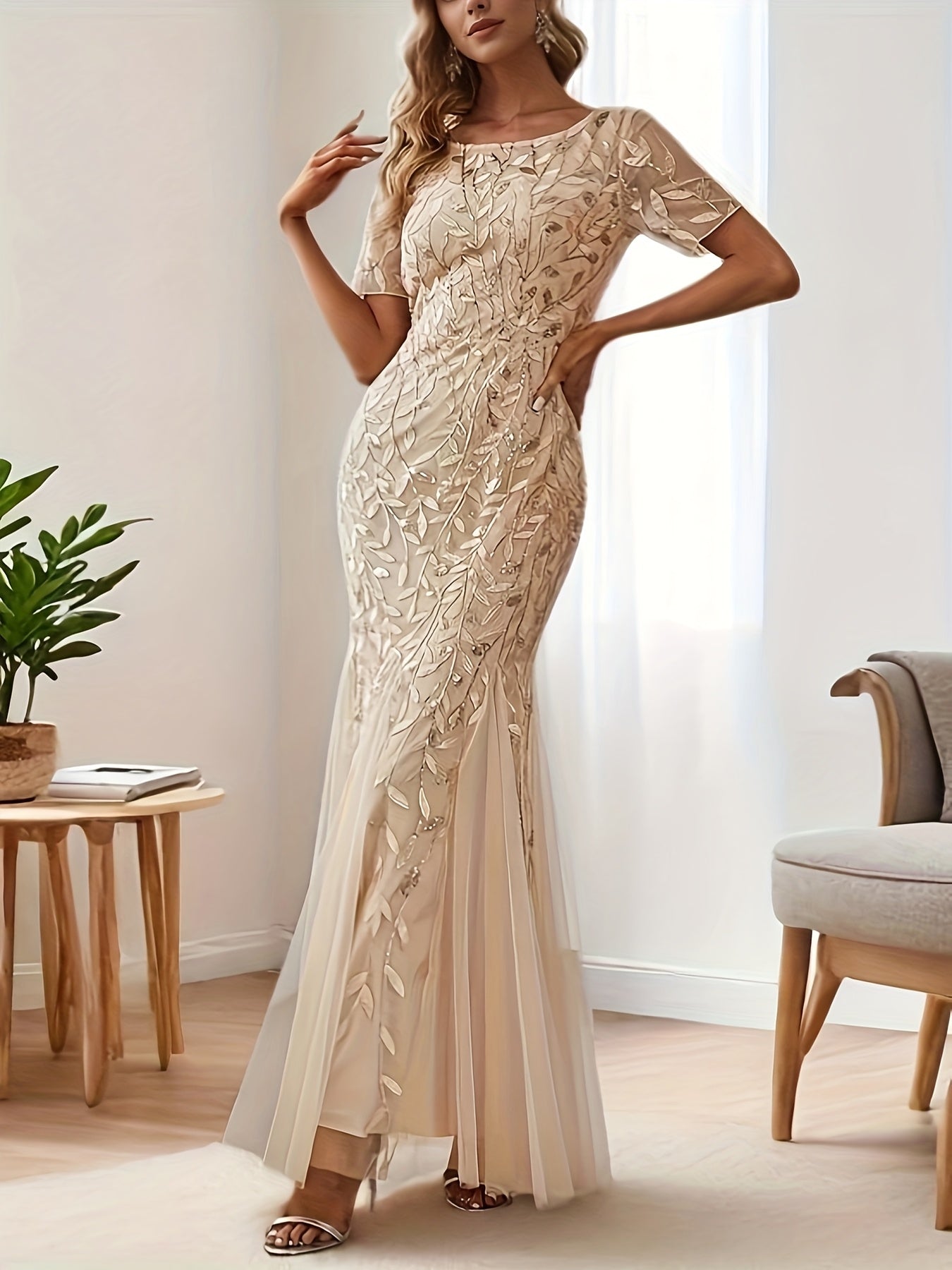 Plus o'lchamli siren kechki kiyimi uzun qo'lqopli, polga cho'zilgan, bir rangli partiya kiyimi