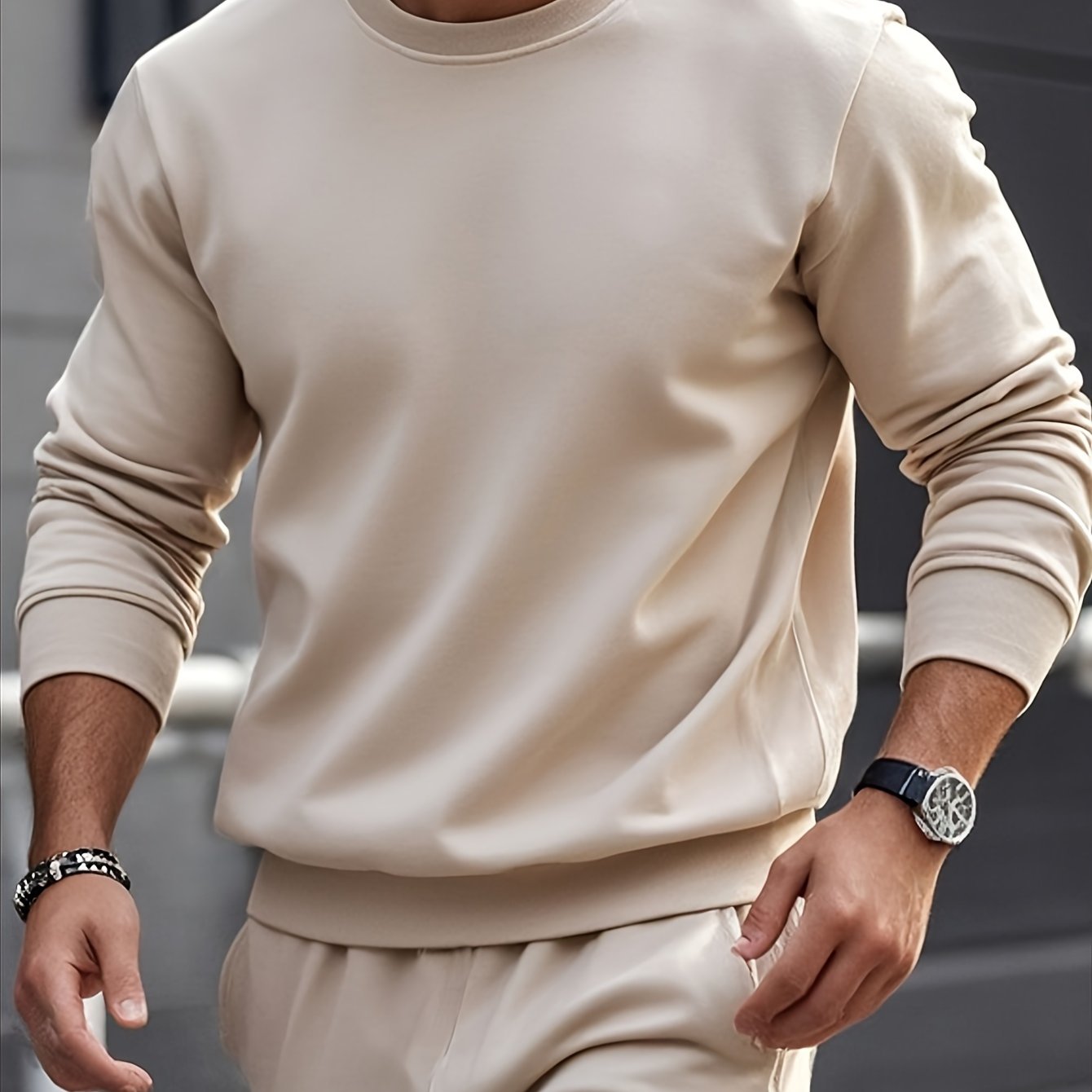 Men's Casual Knitwear Set Long Sleeve Crew Neck Top and Pants Solid Color Fall Winter Machine Washable