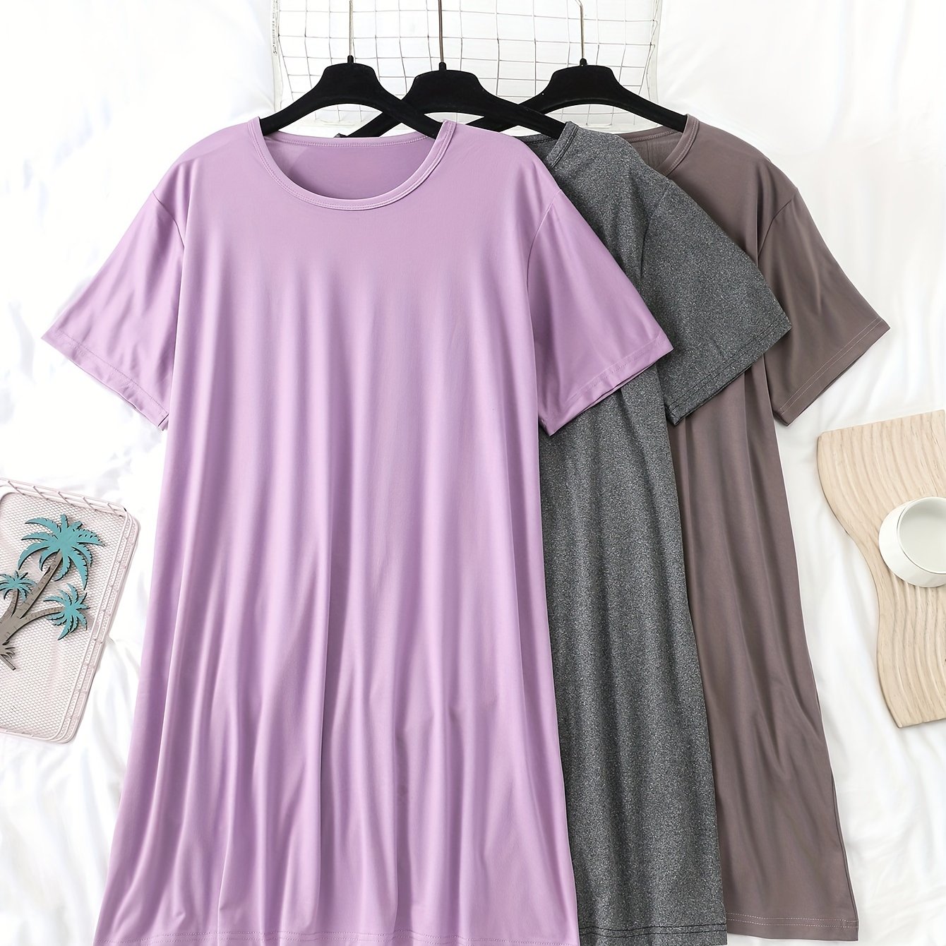 Plus Size Sleepwear 3-Pack Solid Color Knit Nightwear, Polyester Blend, Comfortable