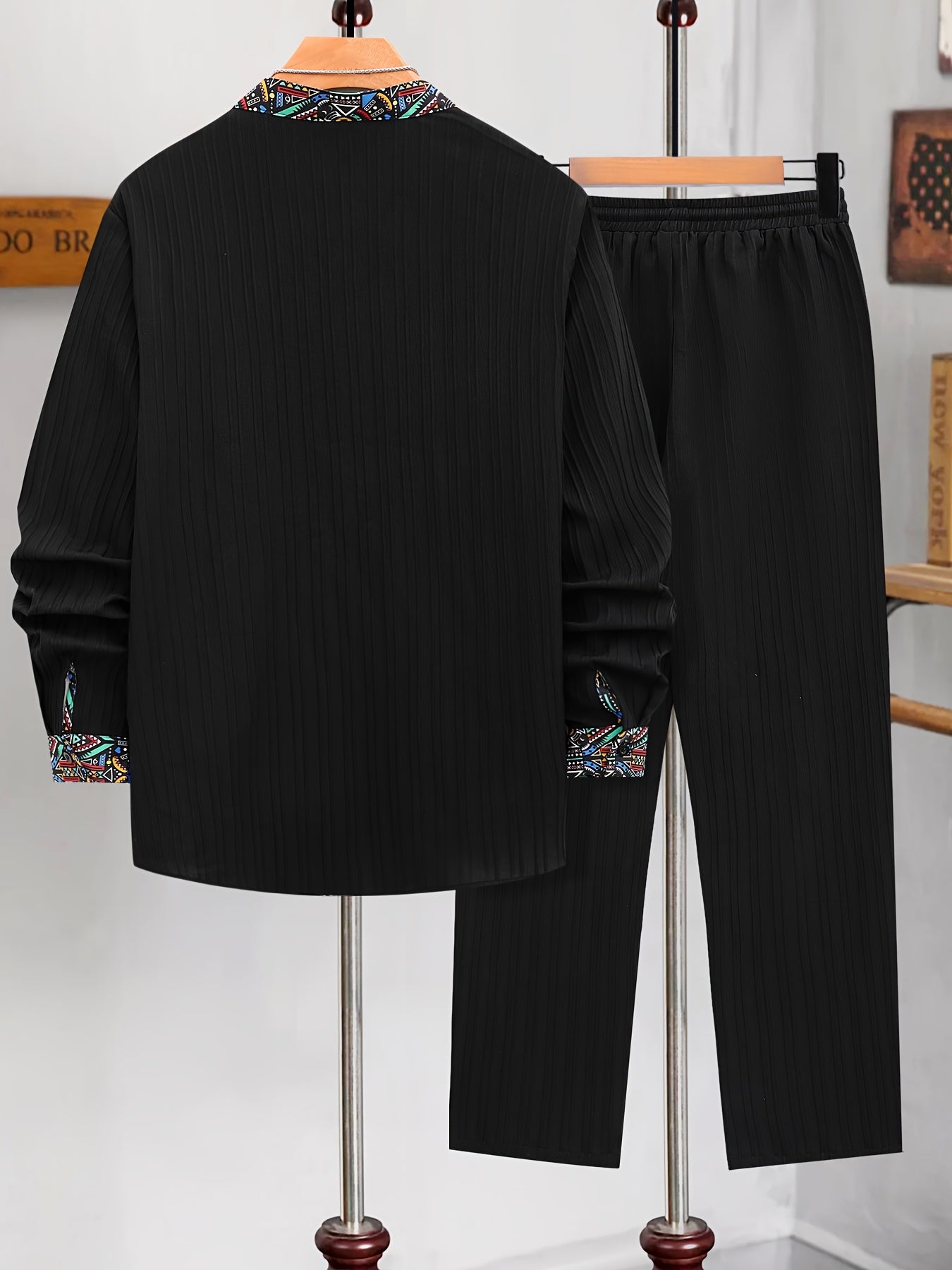 Men's Casual 2-Piece Set Geometric Print Shirt and Drawstring Pants Polyester