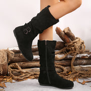 Women's Black Leather Mid-Calf Boots with Zipper and Metal Buckles