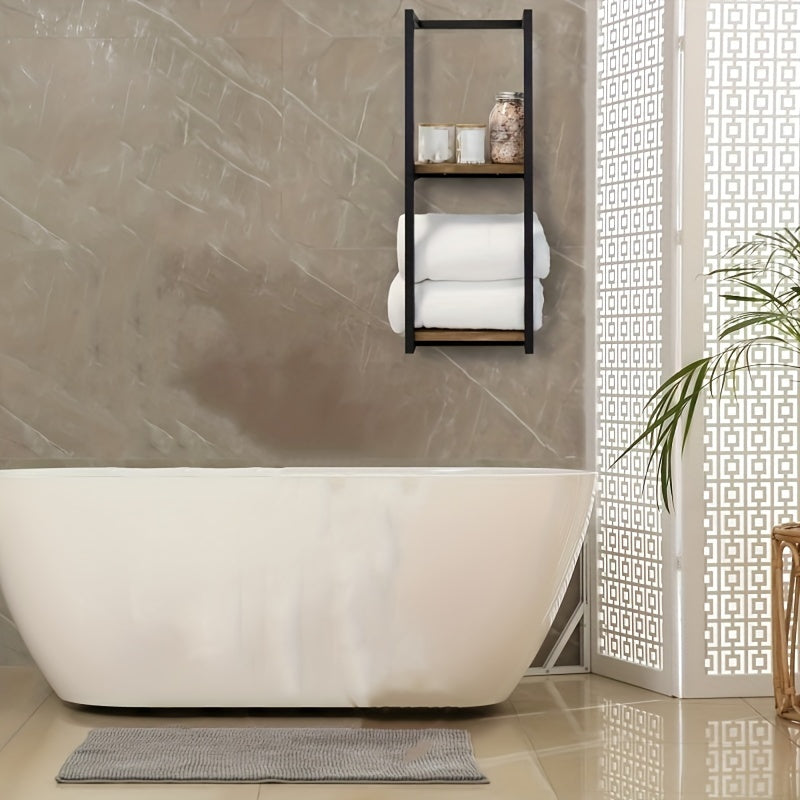 Estante moderno de metal y madera para toallas y artículos esenciales en el baño