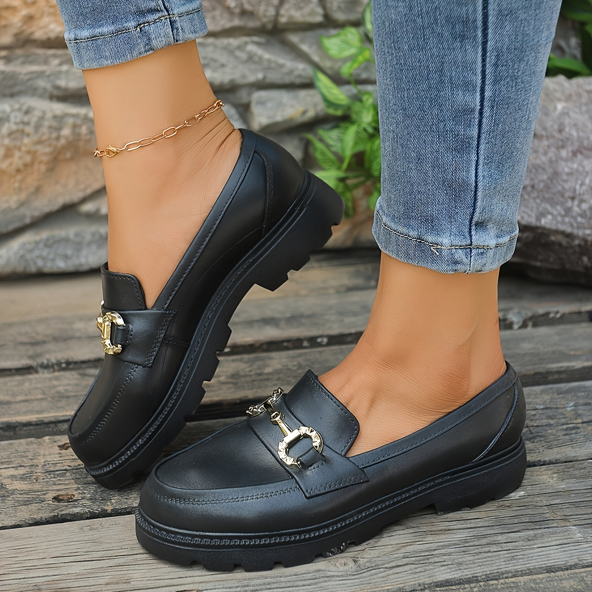 Women White Platform Loafers All-Season Round Toe Penny Style with Golden Buckle