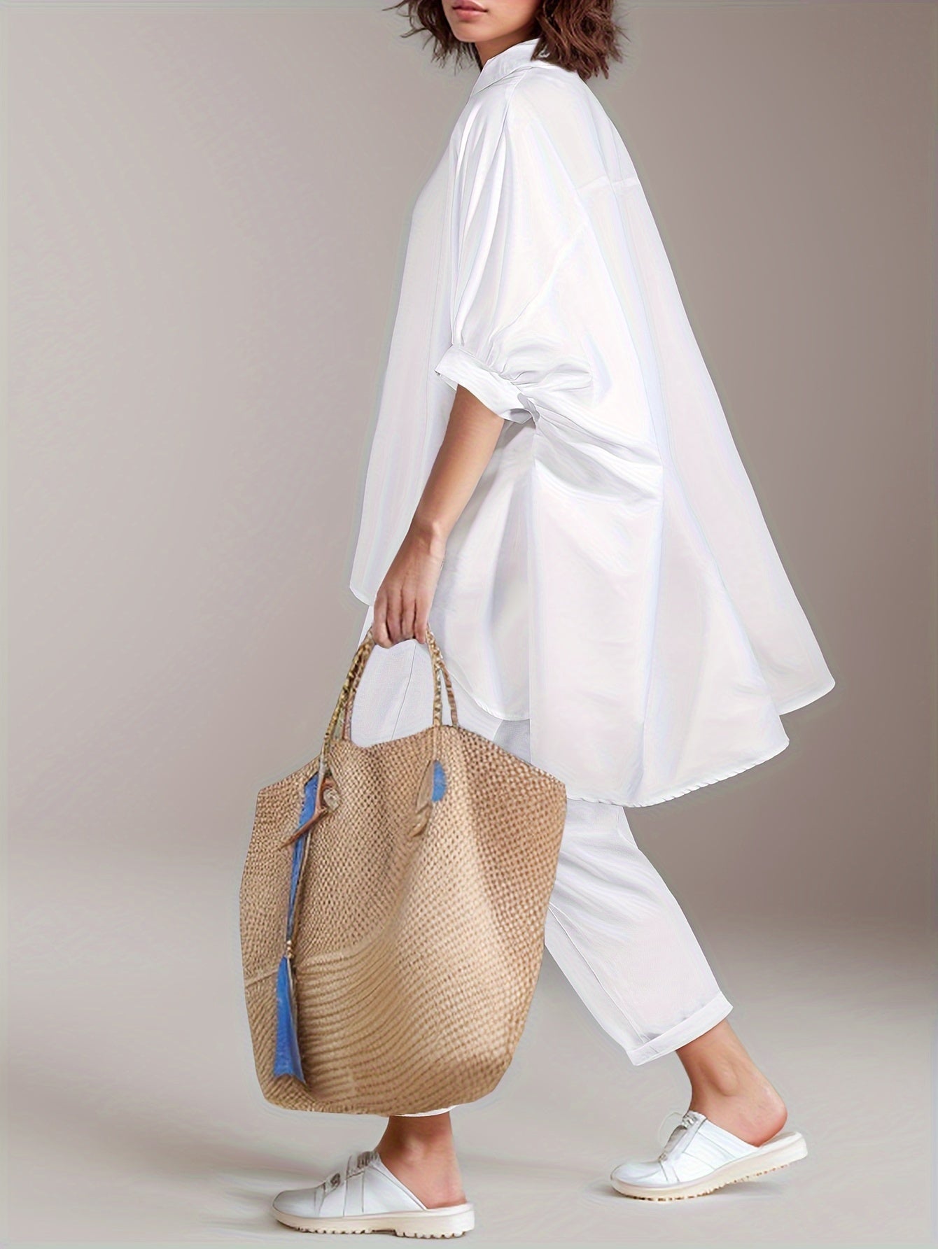 Chic ayollar uchun ikki qismli to'plam: bir rangli ko'ylak va harem shimlar - nafas oladigan polyester, mashinada yuvish mumkin.