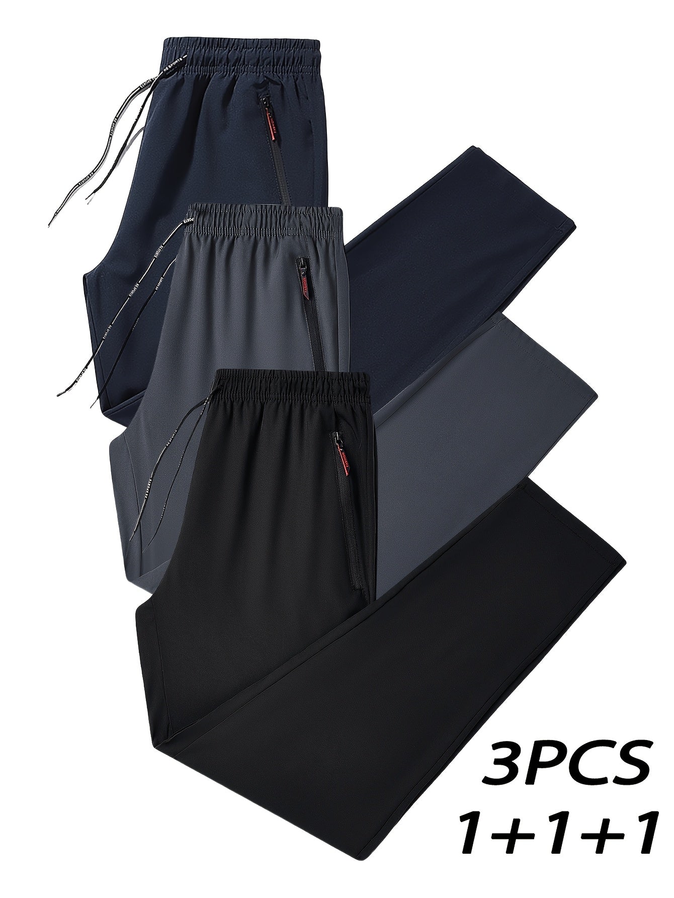 Men's Plus Size Casual Pants 3-Pack Polyester Solid Color Zipper Regular Fit