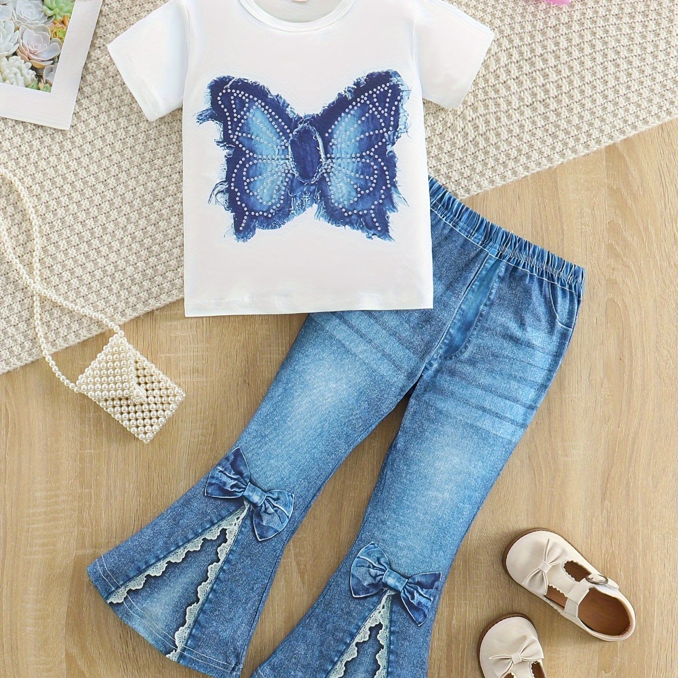 Kids' Casual Set Short Sleeve Top and Split Denim Micro Bell Pants Polyester Animal Pattern