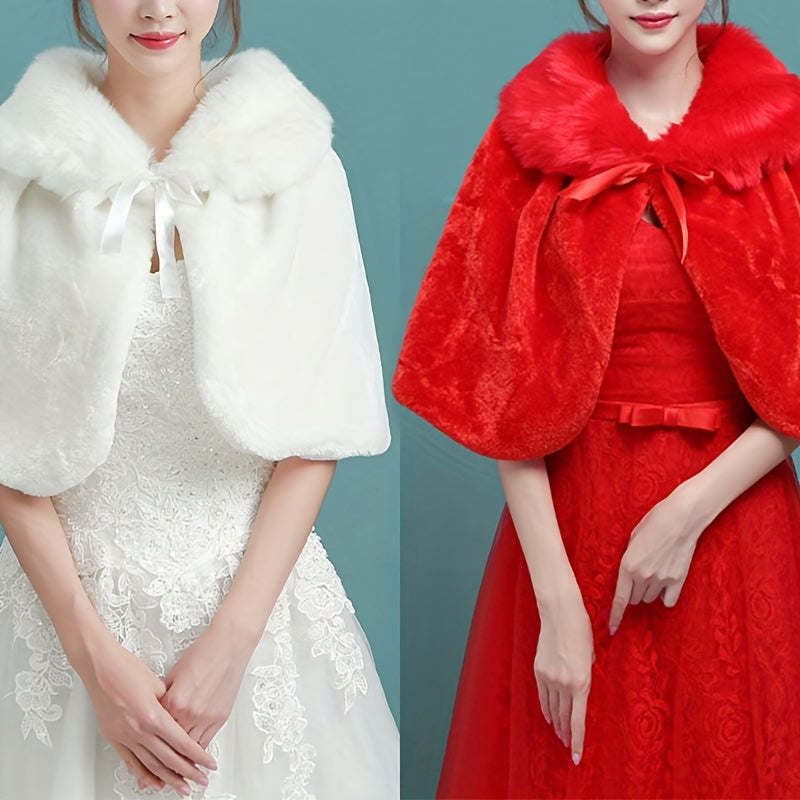 White Red Wedding Cape for Bridesmaids Faux Fur Wrap Bridal Shawl Winter Coat