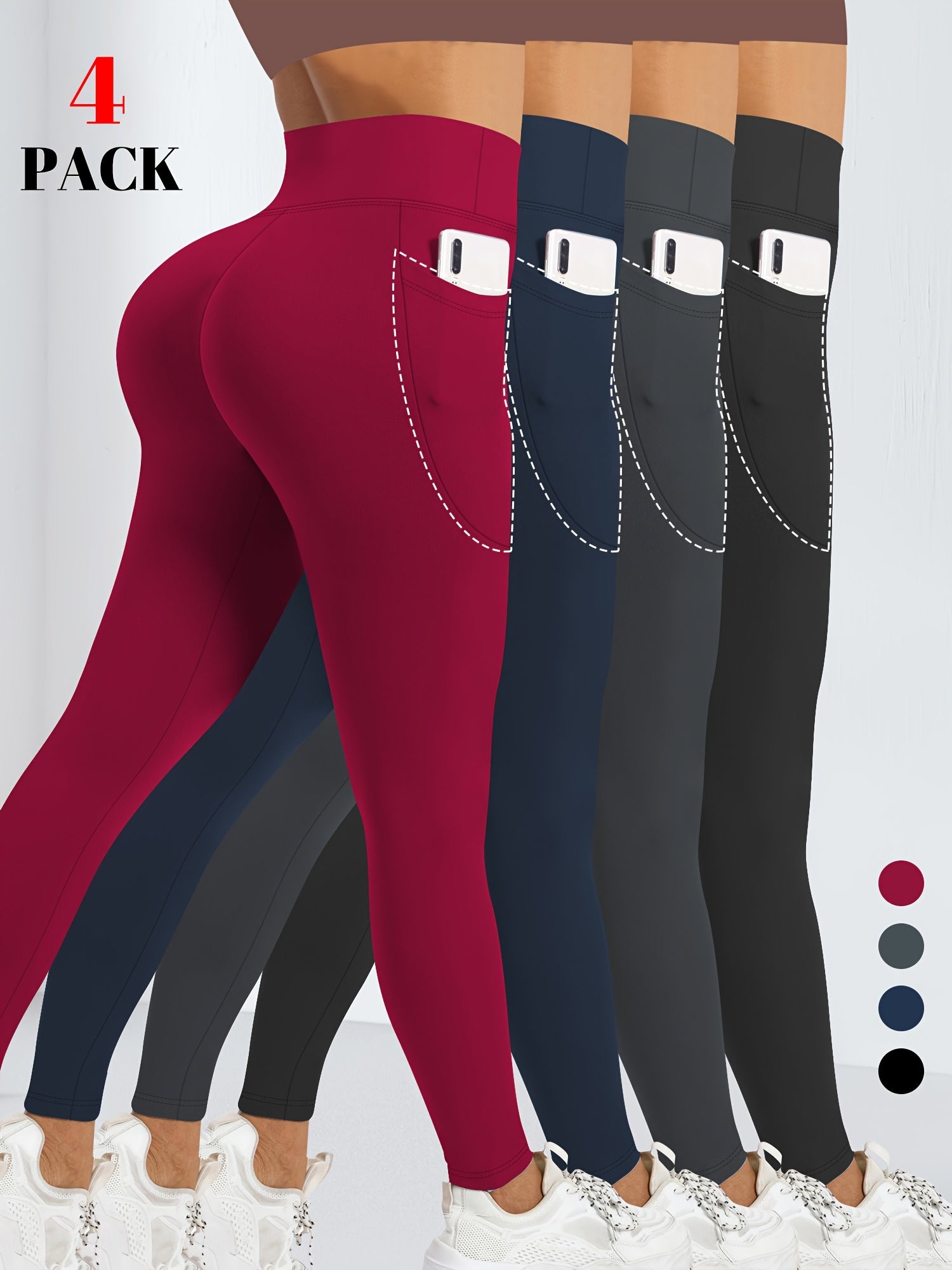 Plus Size Women's High-Waist Leggings 4 Pcs Stretchy Breathable Moisture-Wicking