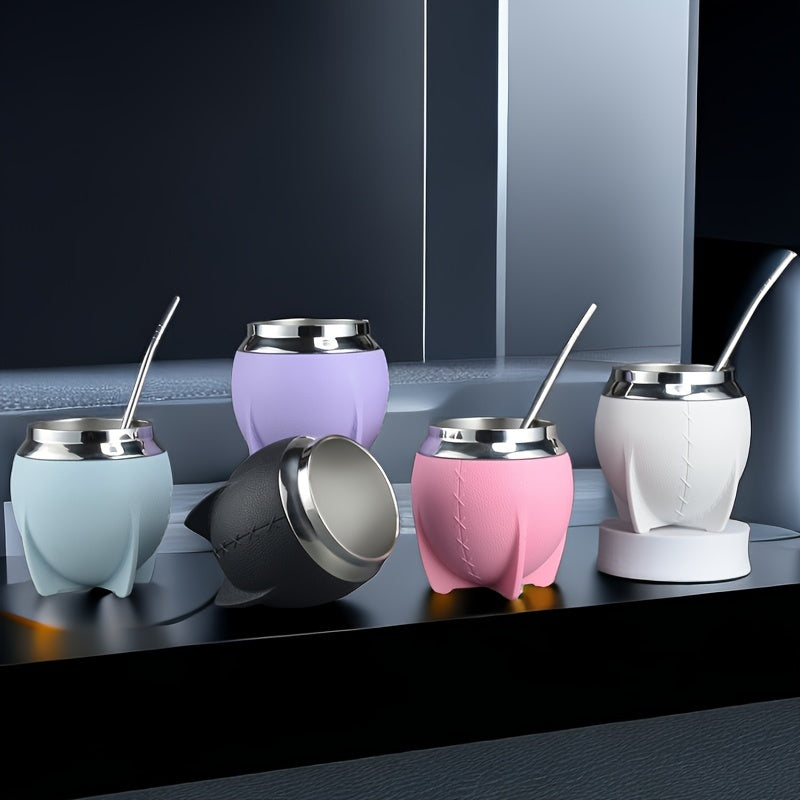 280ml Stainless Steel Yerba Mate Cup with Leather Strap and Double Wall Design