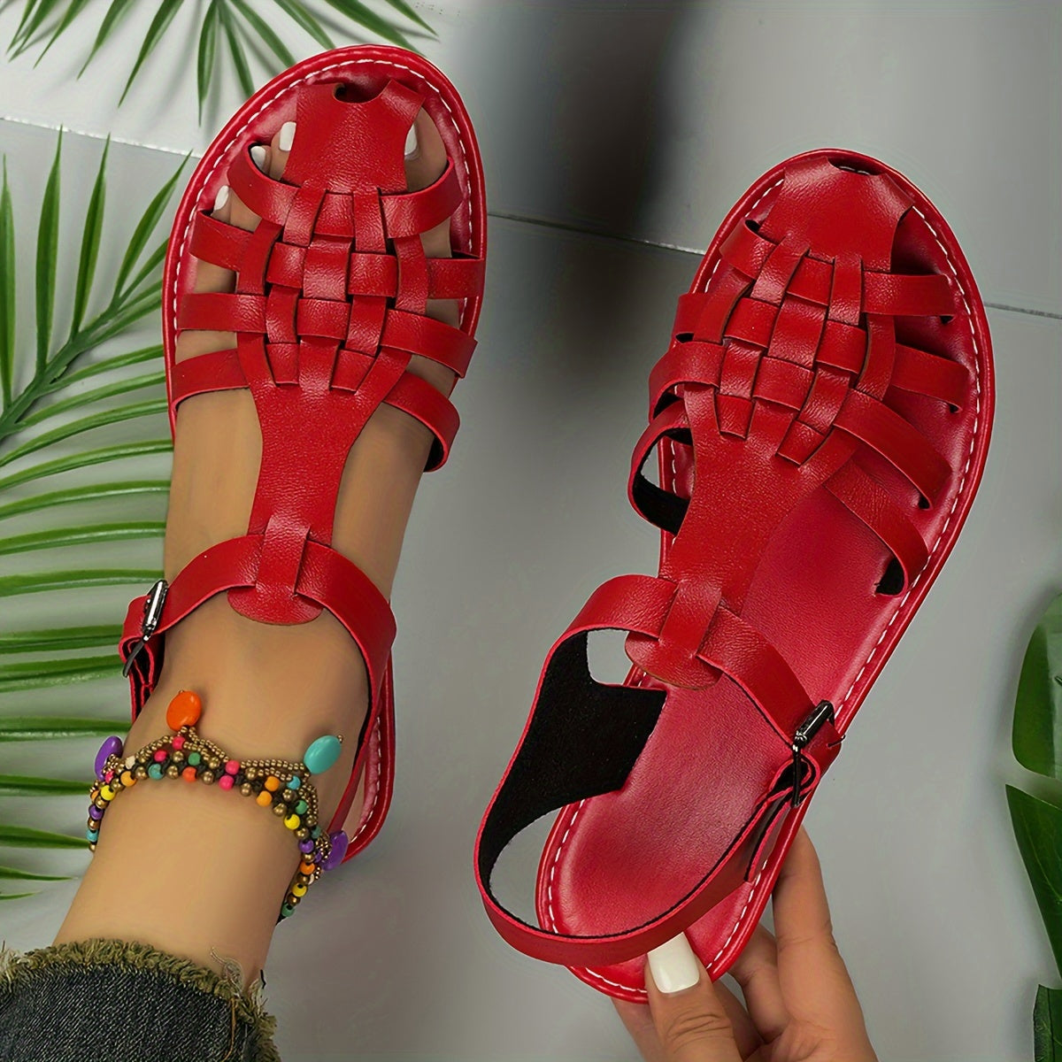 Women's Woven Closed-Toe Roman Sandals Adjustable Buckle Flat Summer Shoes