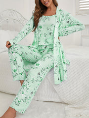 Women's Floral Butterfly Print 3-Piece Pajama Set Long Pants Long Sleeve Belted Robe All-Season Loungewear