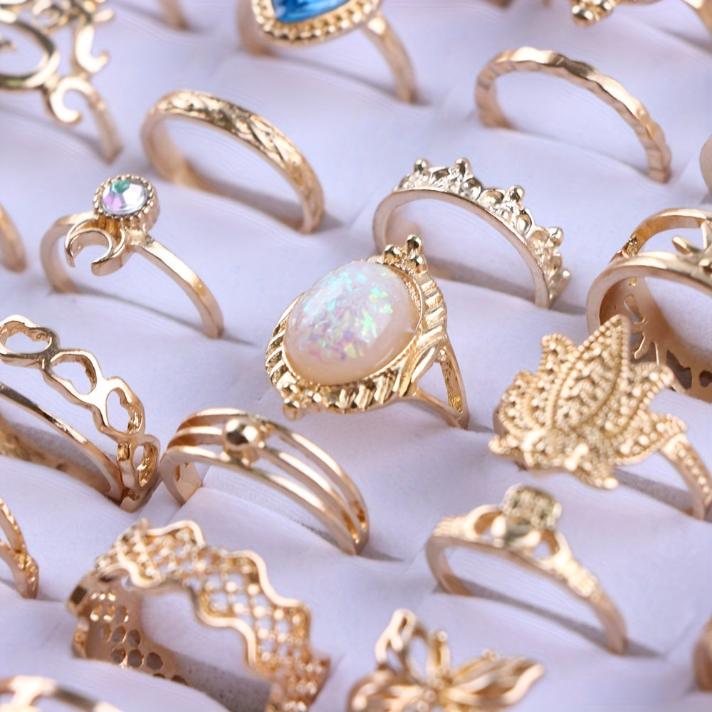 50pcs Zinc Alloy Rhinestone Fashion Rings Set for Women Simple Mix Style All Seasons