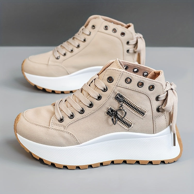 Women's High-Top Sneakers with Platform Sole, Breathable Fabric, Zipper Closure