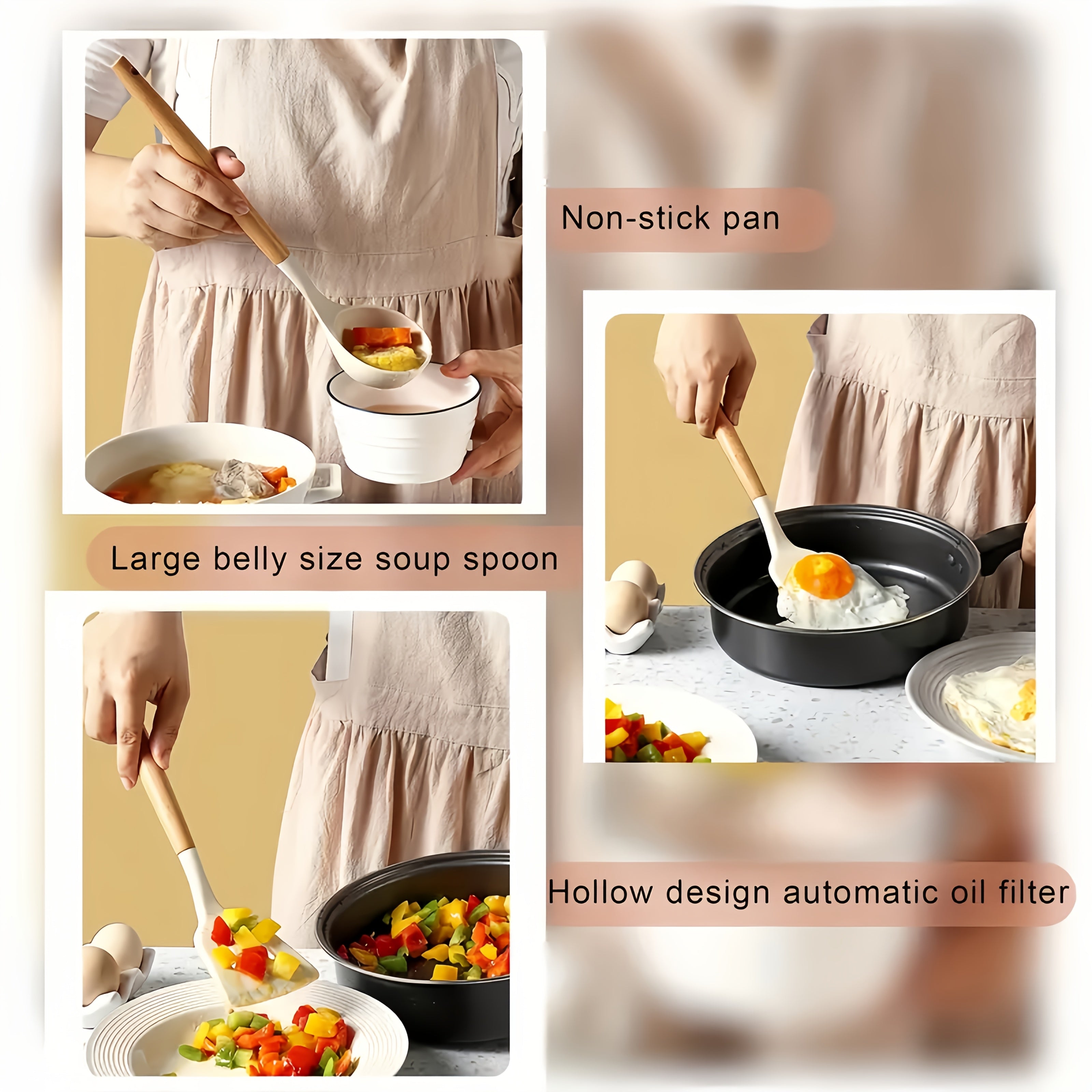 3 ta silikon non-stick pishirish asboblari to'plami, yog'och tutqichlar bilan, issiqlikka chidamli, suv o'tkazmaydigan qopqog'li qopqoq va qoshiq