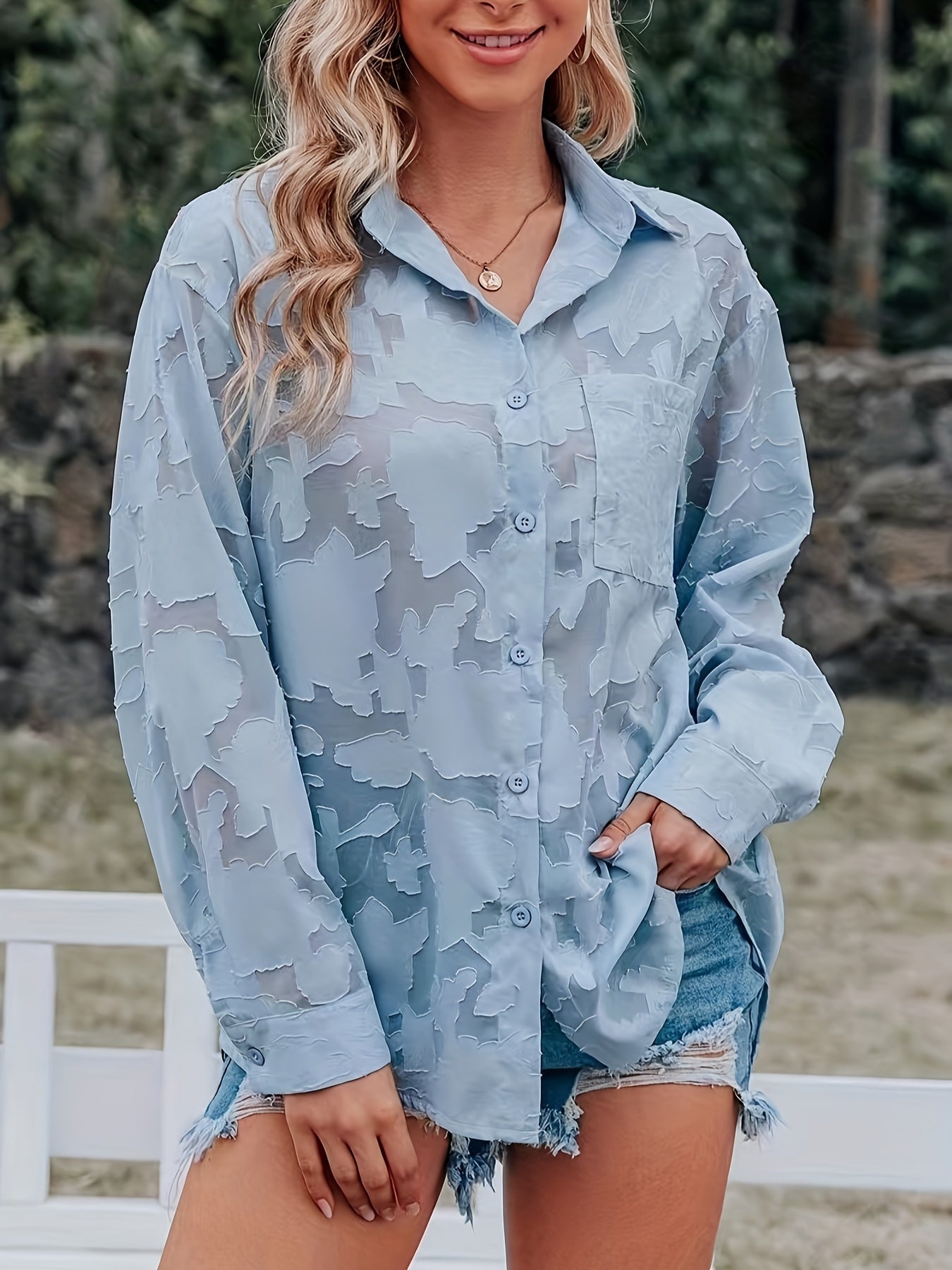 Jacquard Sheer Loose Blouse for Women with Long Sleeves and Embroidered Details