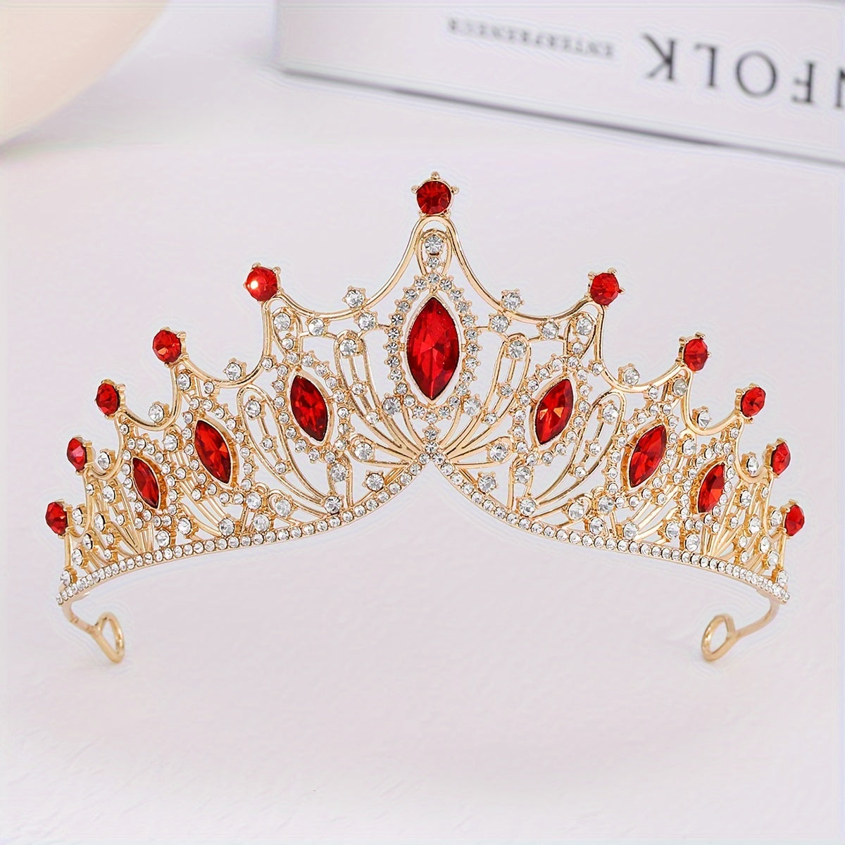 Bridal Tiara with Red Rhinestones and Crystals Vintage Alloy Wedding Crown Headband for Brides
