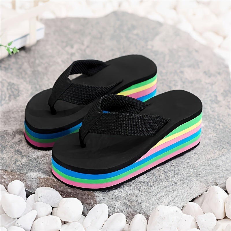 Women's Rainbow Sole Wedge Flip Flops Slip-On Platform Slide Shoes for Summer Beach Wear
