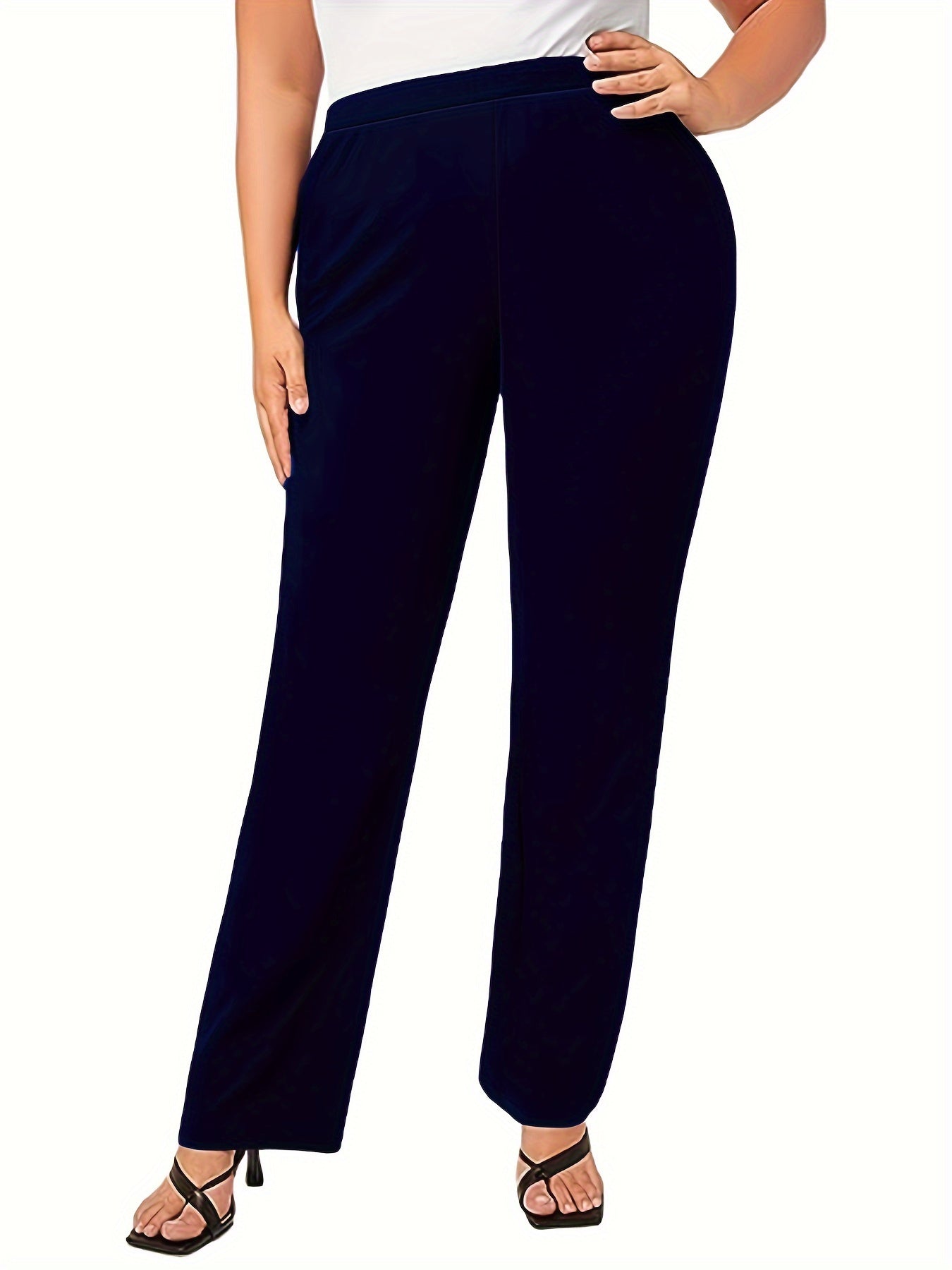 Women's Plus Size Stretchy Straight Leg Pants Solid Color High-Waisted Casual
