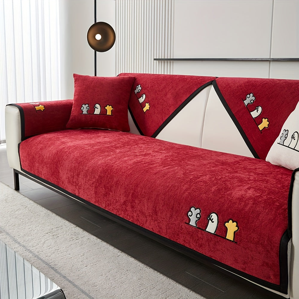 Красный чехол для дивана из шенилла с игривой вышивкой в виде косточек. Удобен для домашних животных, не скользит, можно стирать в машине, идеально подходит для диванов на 1-4 места в гостиной, спальне, офисе.