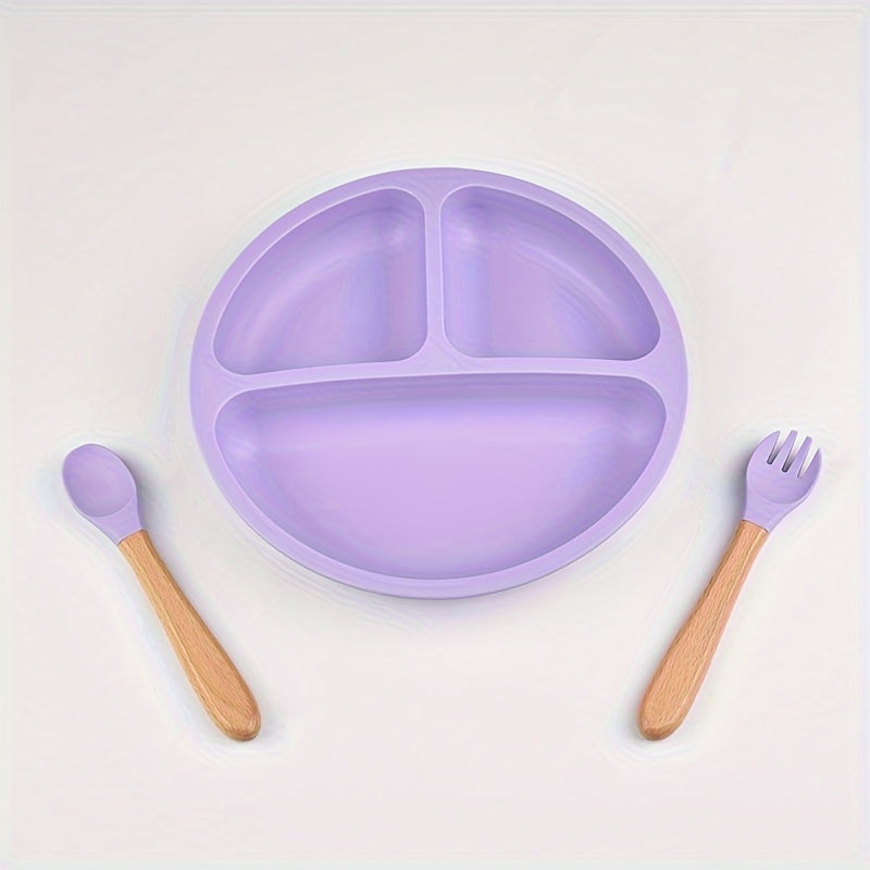 3-Piece Silicone Baby Feeding Set with Suction Plate Spoon and Fork for Infants and Toddlers