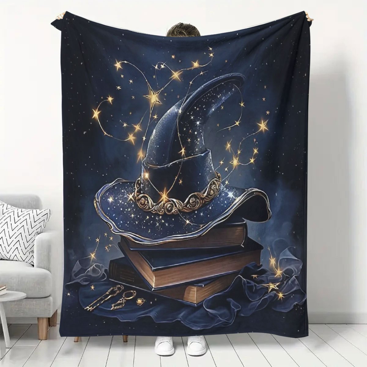 Halloween Large Book and Witch Hat Printed Flannel Fleece Throw Blanket